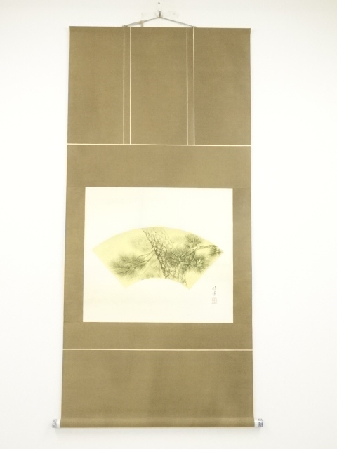 JAPANESE HANGING SCROLL / HAND PAINTED / FOLDING FAN WITH PINE TREE